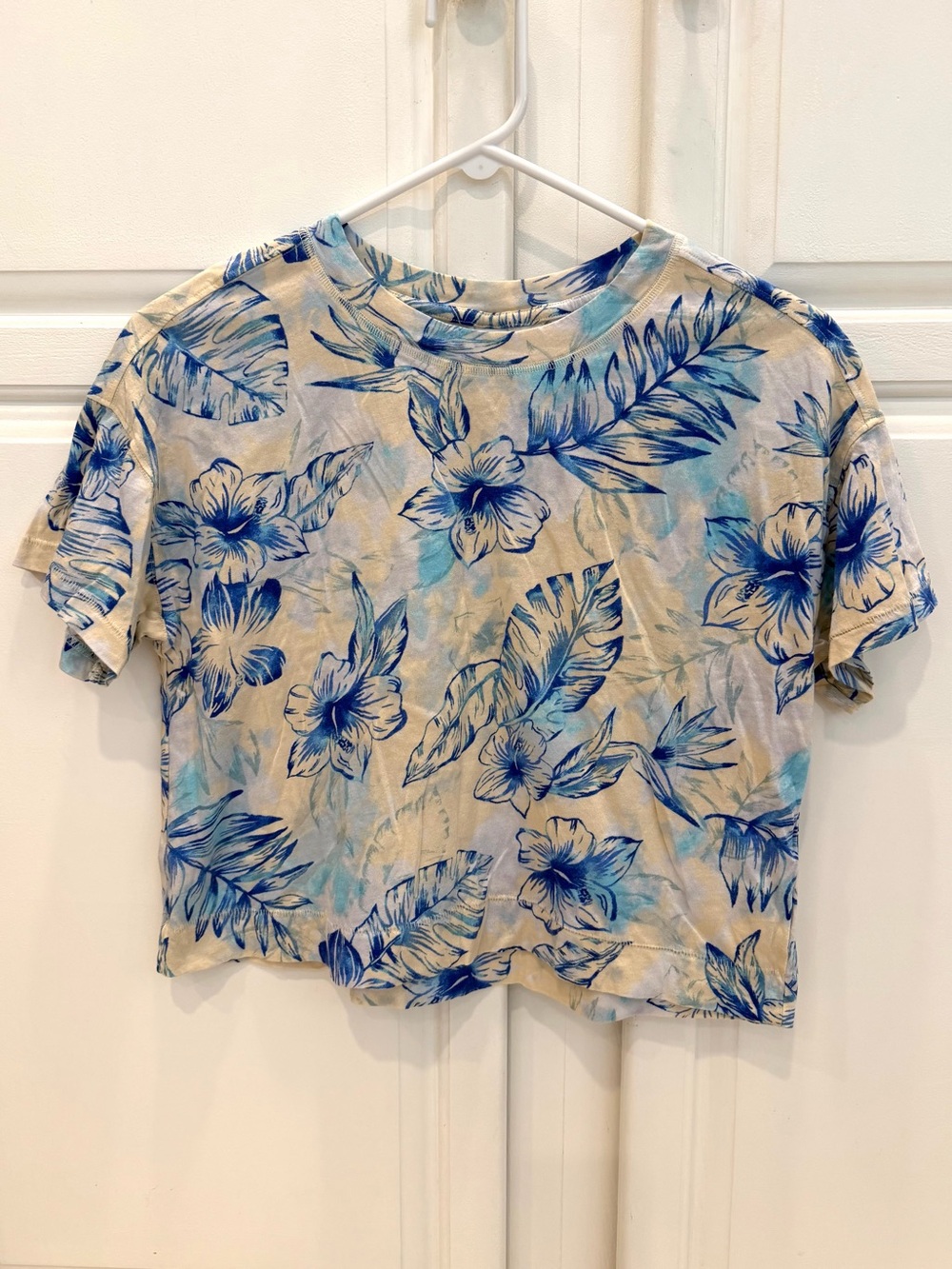 Old Navy Girls XL 14-16 Vintage Style T-Shirt Cropped Short Sleeve Blue Palm